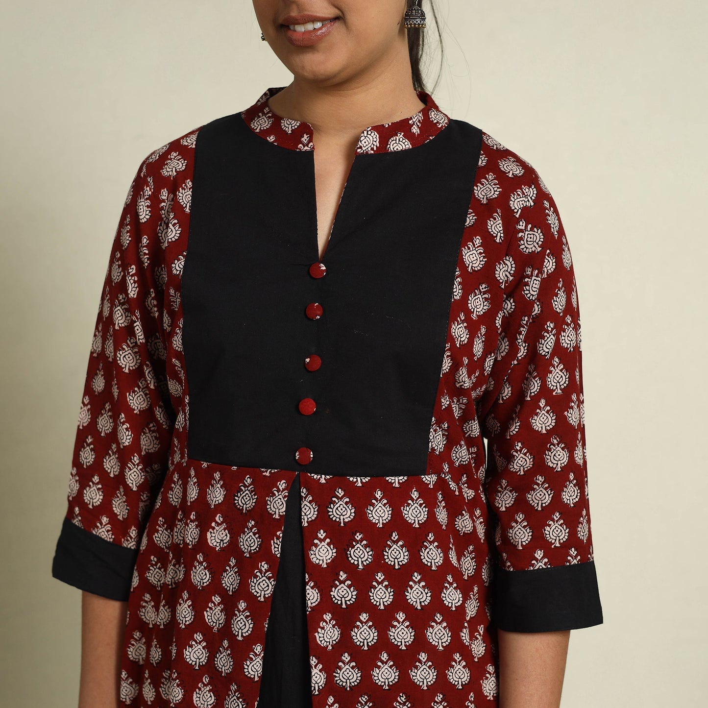 Maroon Block Print Mul Cotton A-Line Bagh Kurta for Women