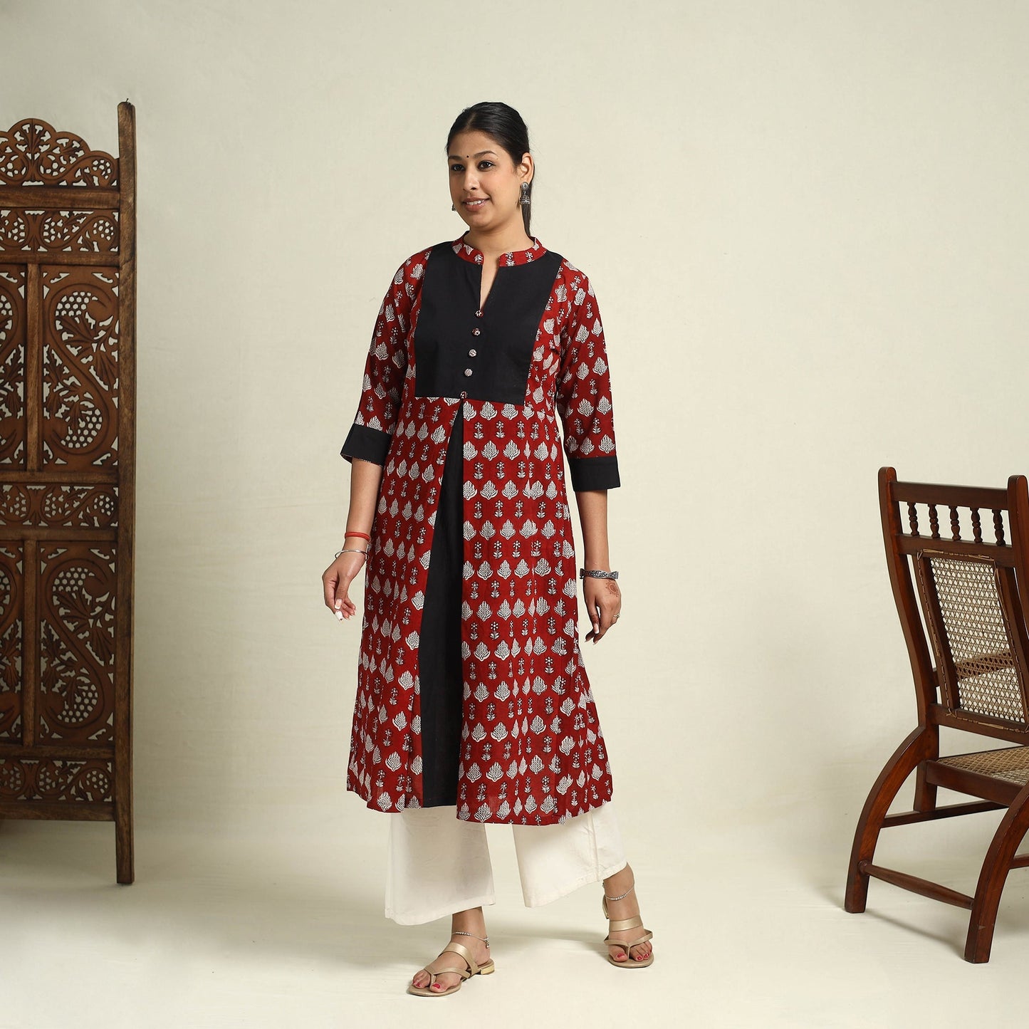Maroon Block Print Mul Cotton A-Line Bagh Kurta for Women