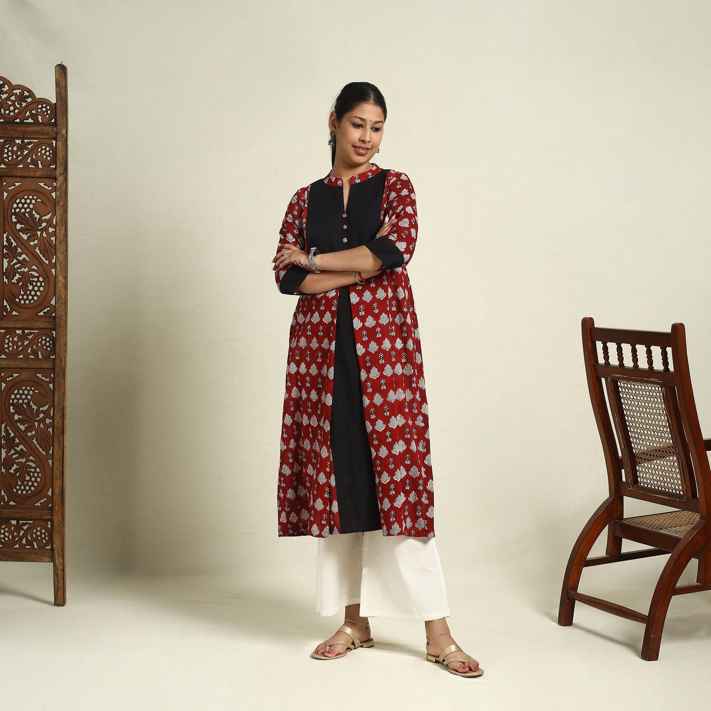Maroon Block Print Mul Cotton A-Line Bagh Kurta for Women