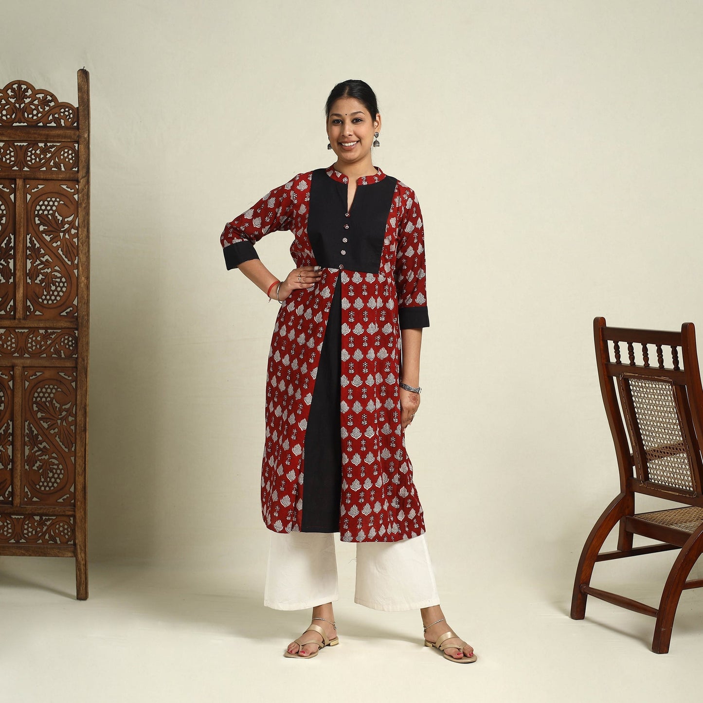 Maroon Block Print Mul Cotton A-Line Bagh Kurta for Women