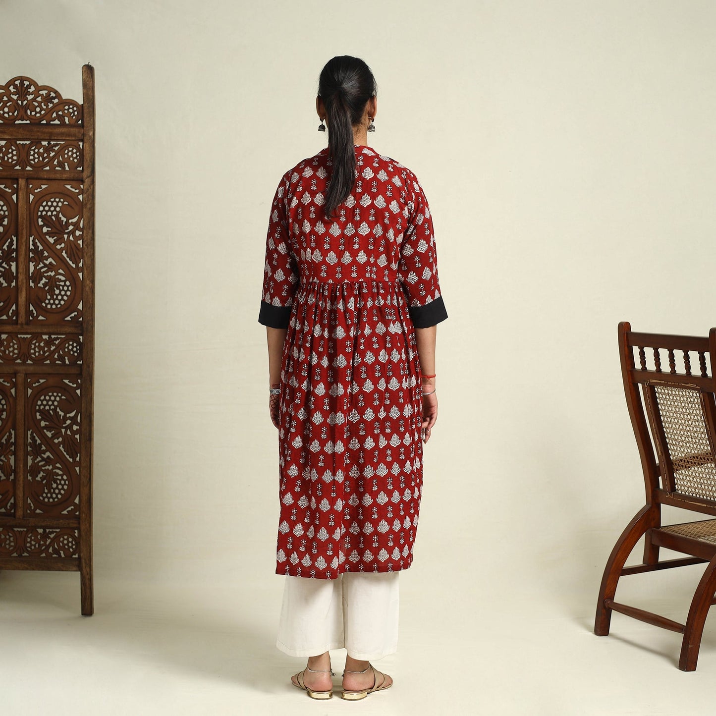 Maroon Block Print Mul Cotton A-Line Bagh Kurta for Women