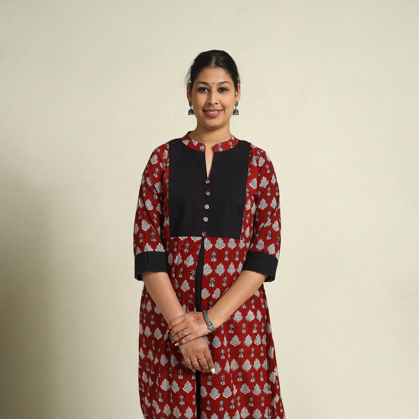 Maroon Block Print Mul Cotton A-Line Bagh Kurta for Women