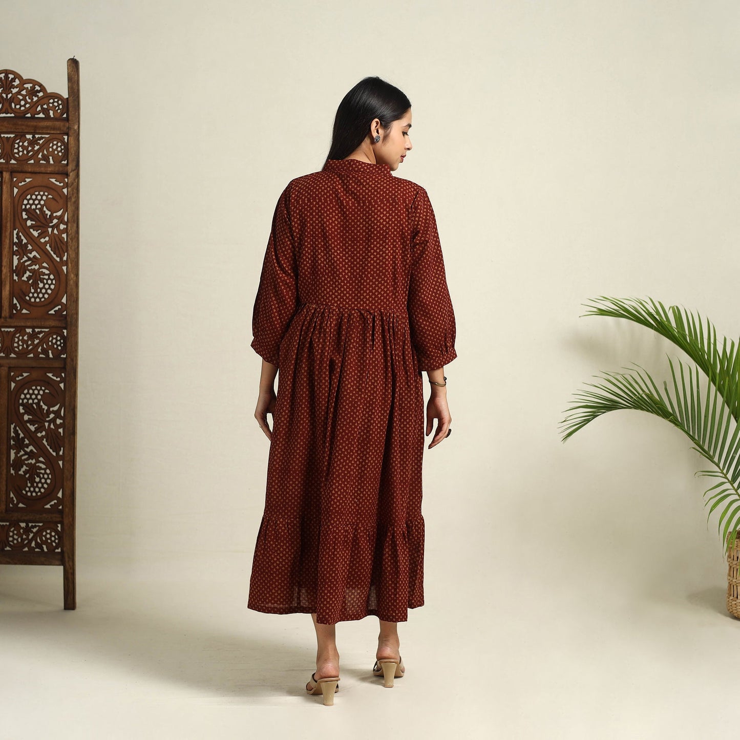 Maroon Block Print Mul Cotton Tiered Bagh Dress
