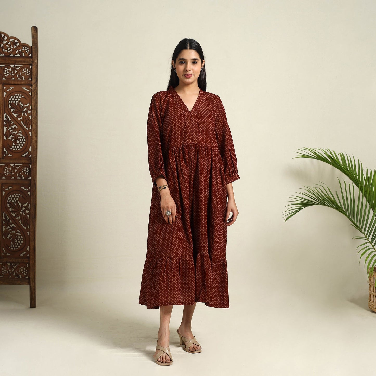Maroon Block Print Mul Cotton Tiered Bagh Dress