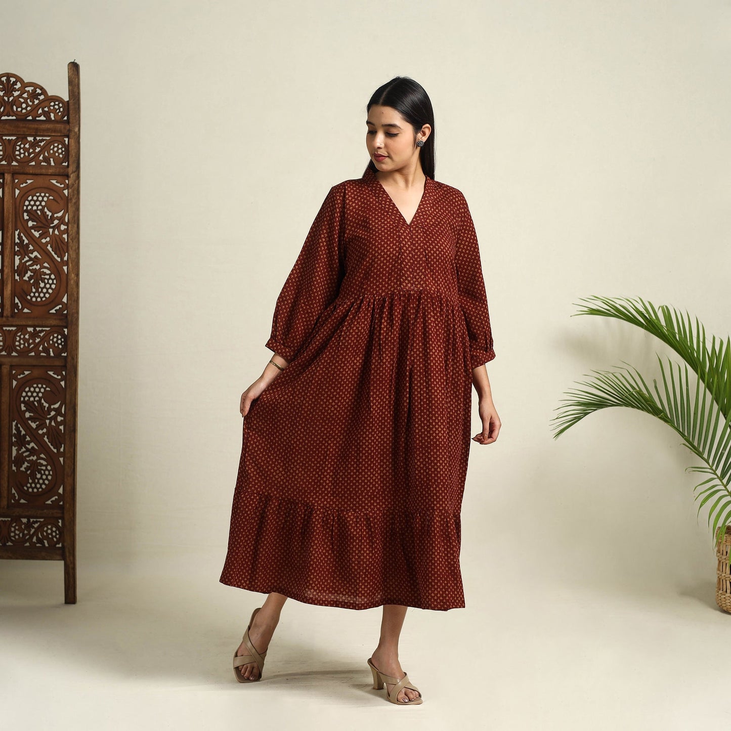 Maroon Block Print Mul Cotton Tiered Bagh Dress