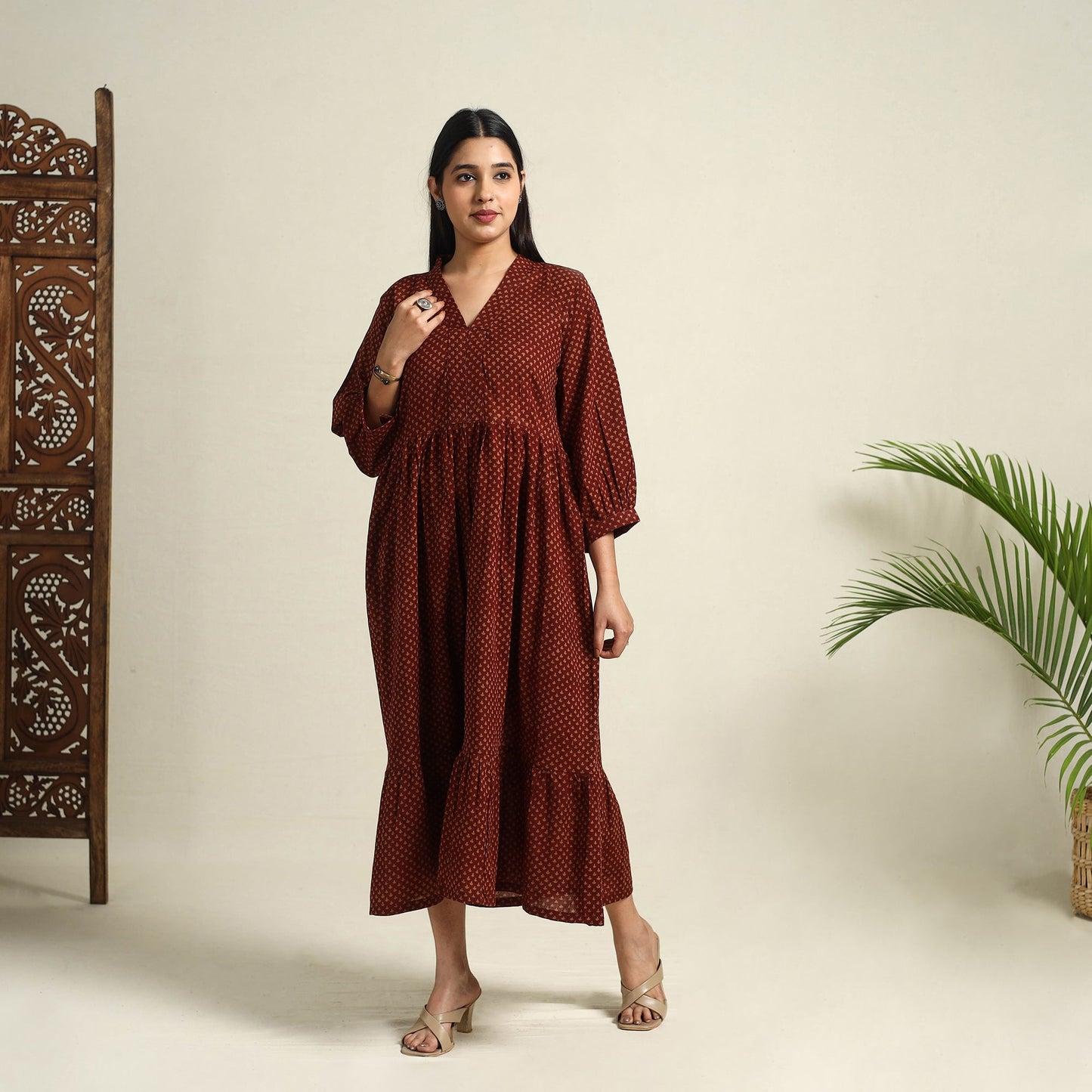 Maroon Block Print Mul Cotton Tiered Bagh Dress
