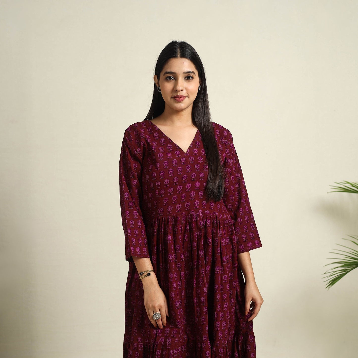 Maroon Block Print Mul Cotton Tiered Bagh Dress