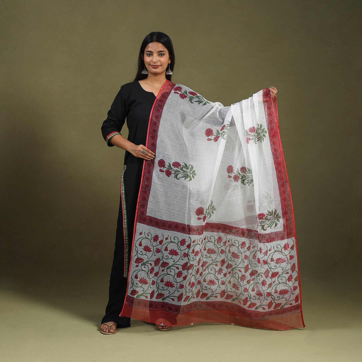 Maroon Block Printed Kota Doria Cotton Sanganeri Dupatta