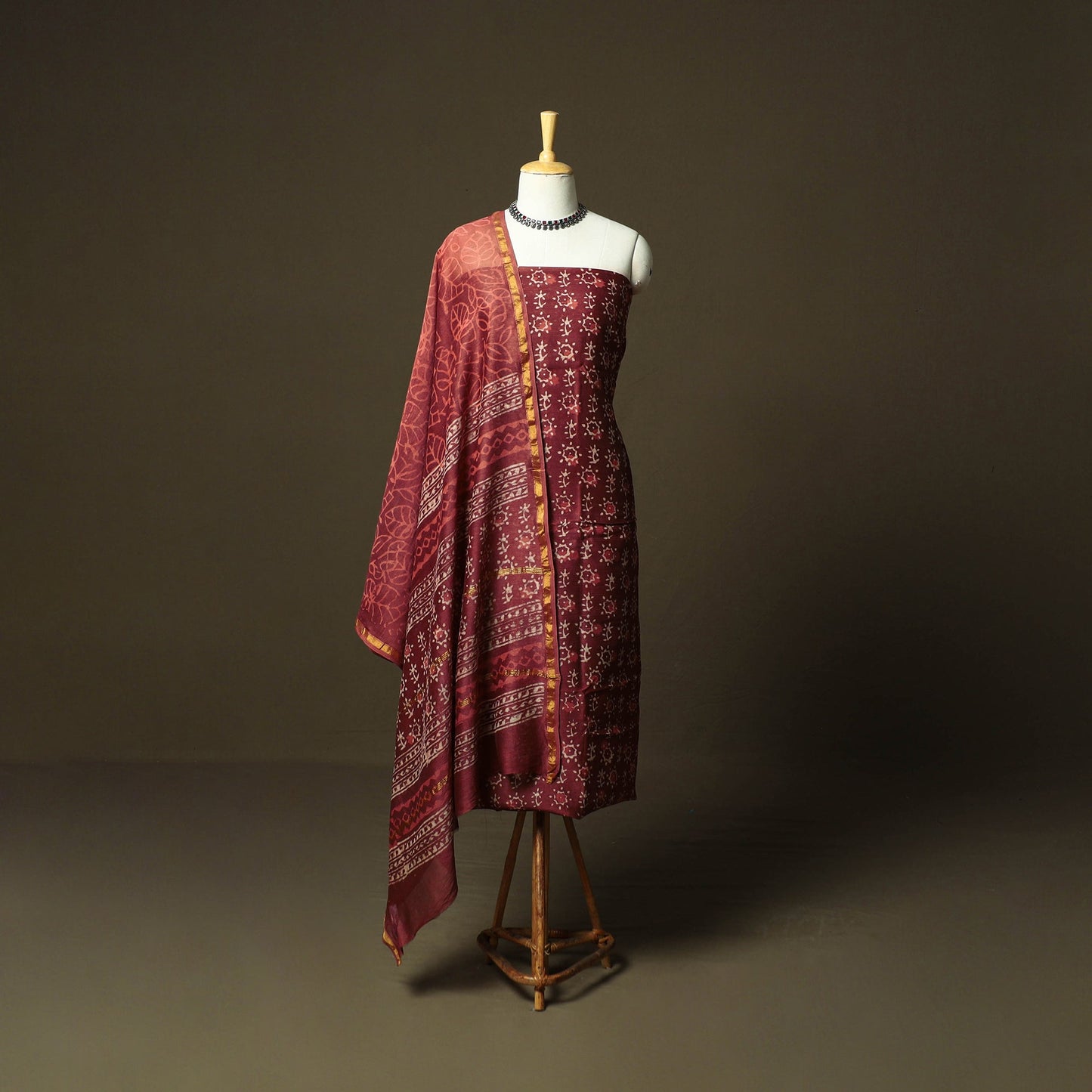 Chanderi silk hand block bagru print 3pc unstitched dress