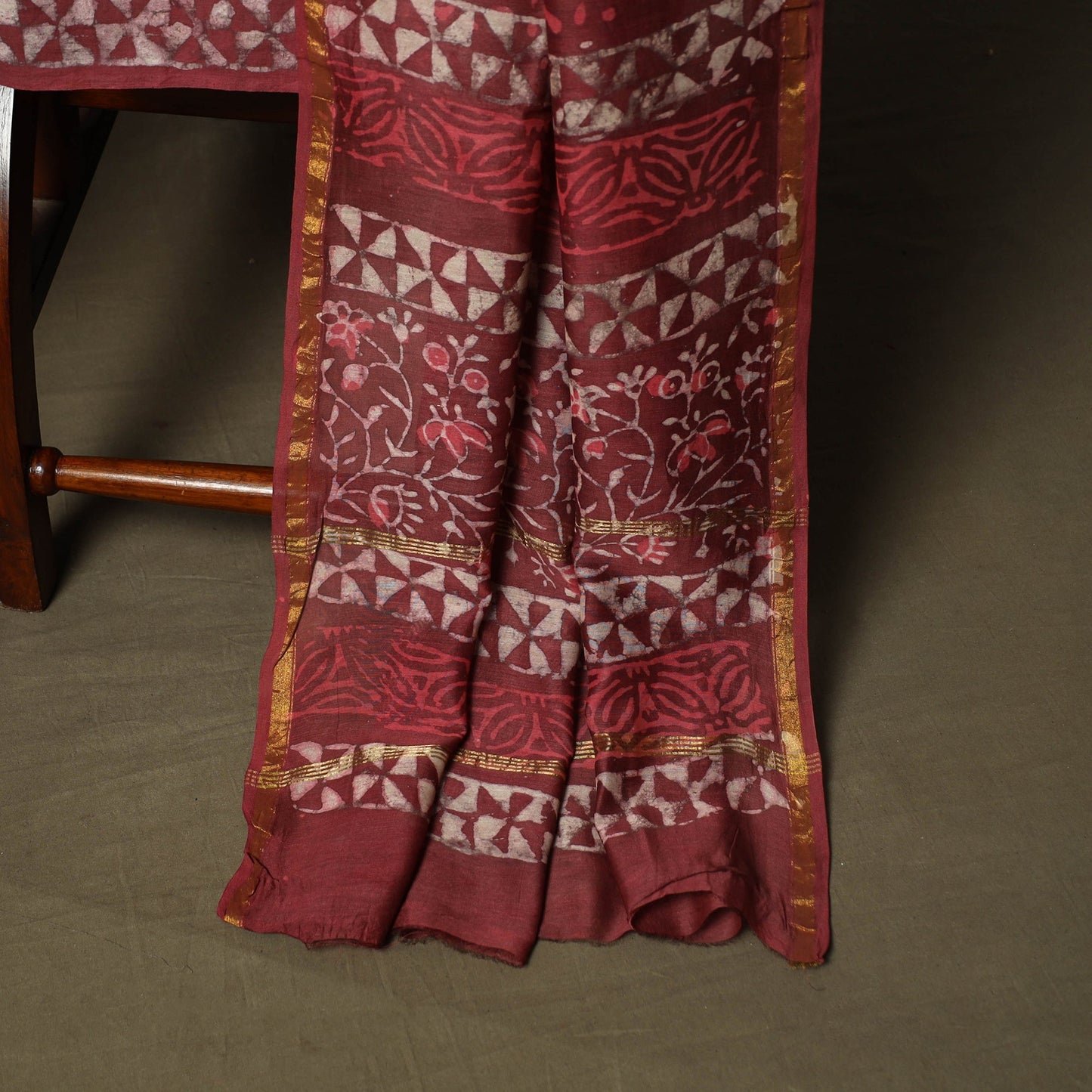 Chanderi silk hand block bagru print 3pc unstitched dress