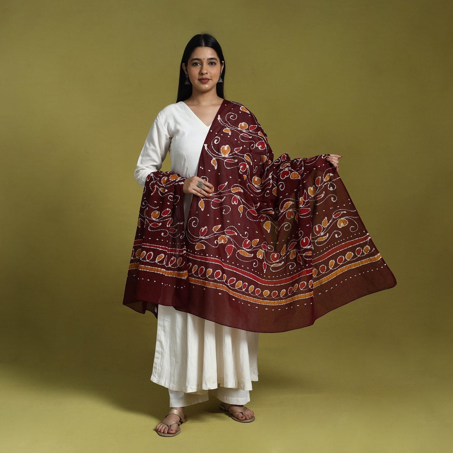 Maroon Cotton Hand Batik Print Dupatta