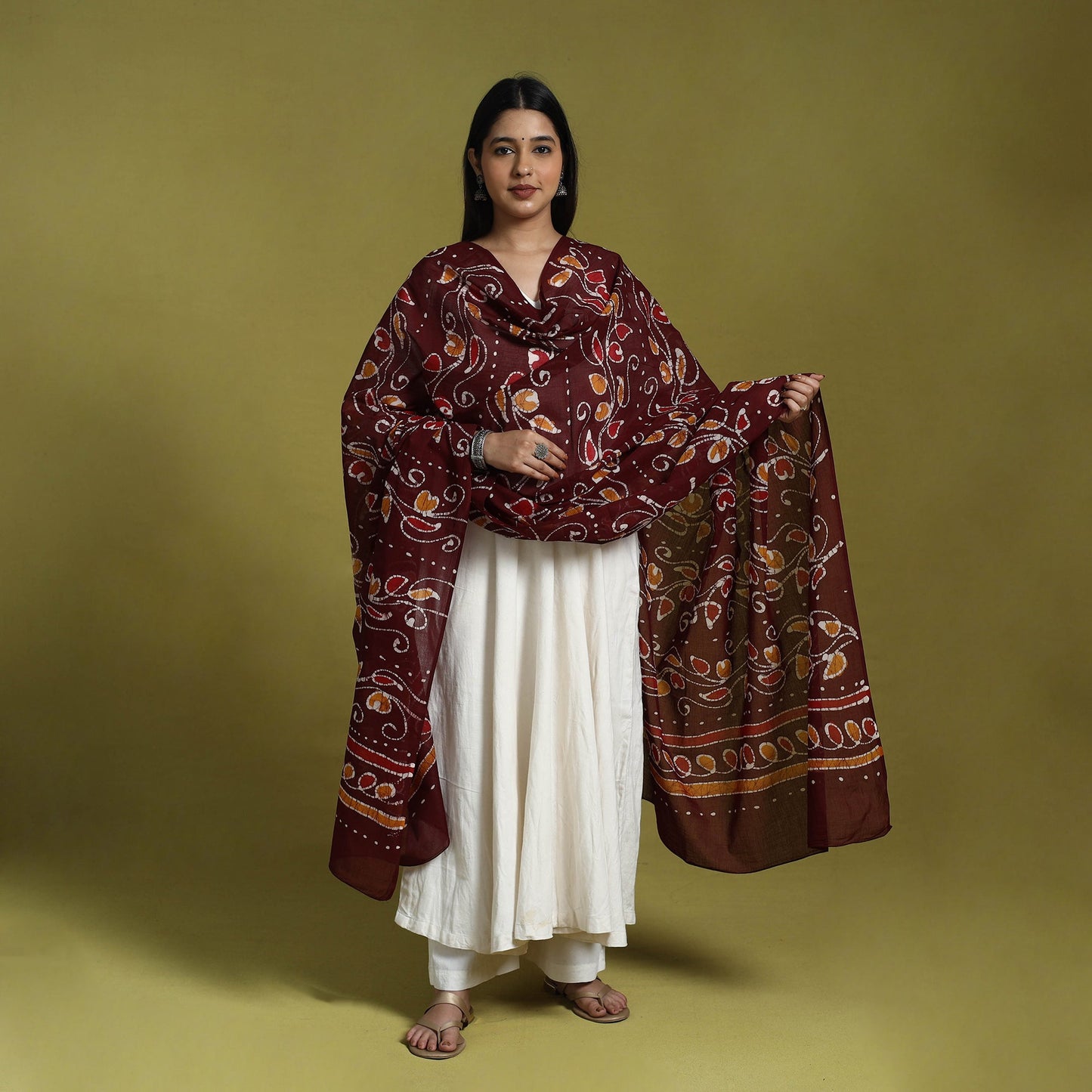 Maroon Cotton Hand Batik Print Dupatta