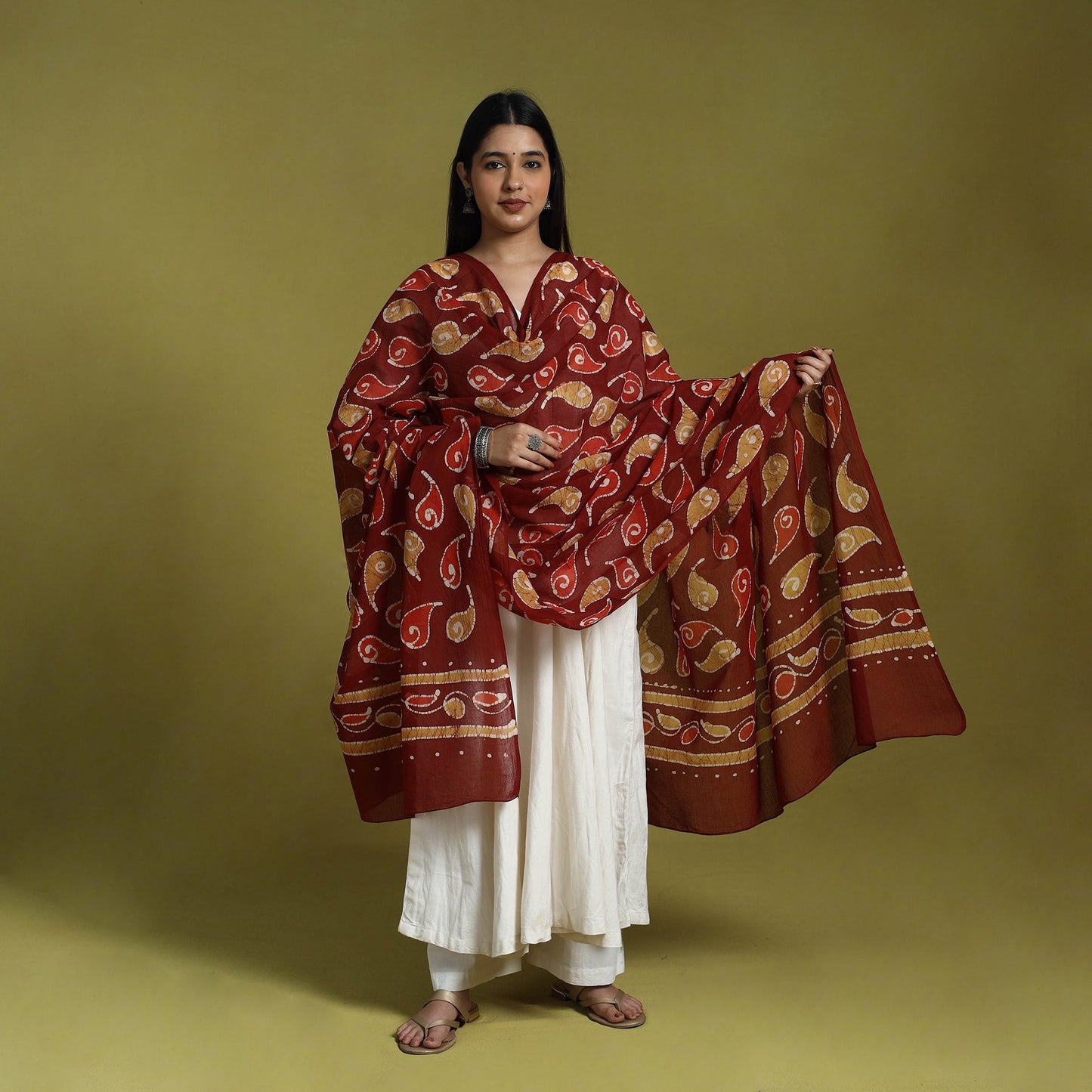 Maroon Cotton Hand Batik Print Dupatta