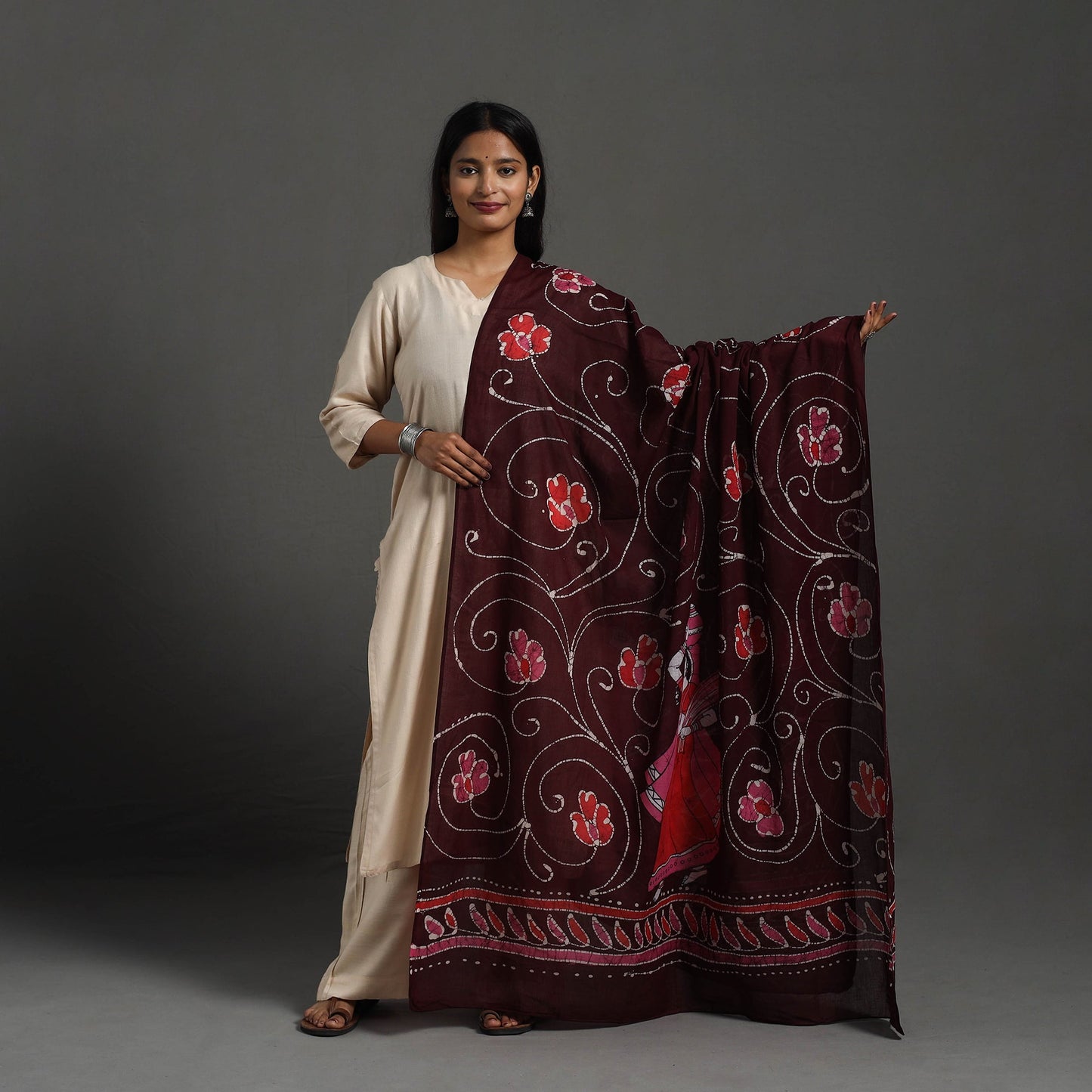 Maroon Cotton Hand Batik Print Dupatta