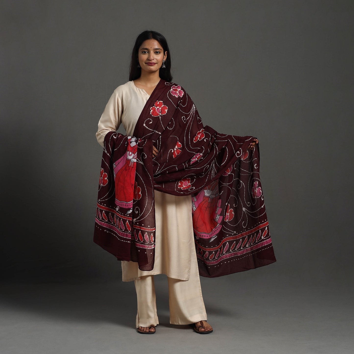 Maroon Cotton Hand Batik Print Dupatta