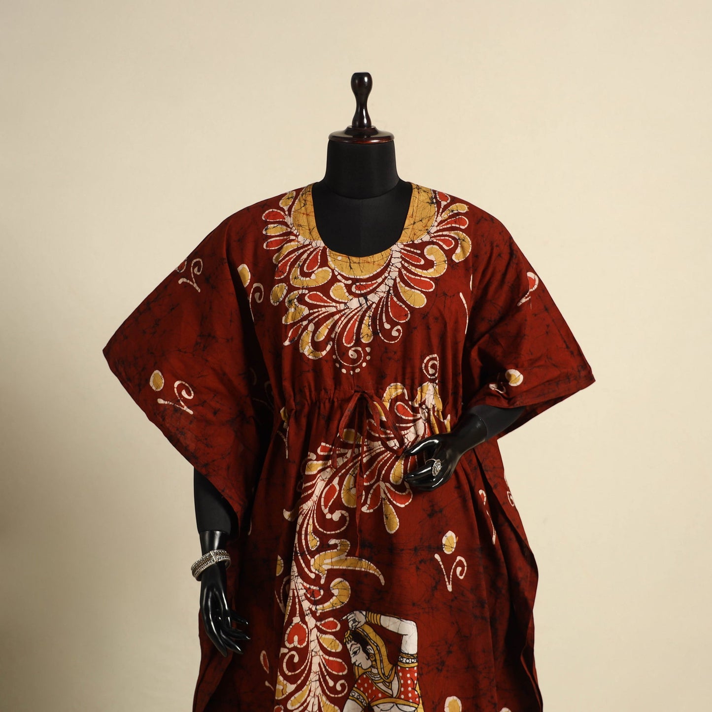 Maroon - cotton hand batik kaftan with tie-up waist (long)