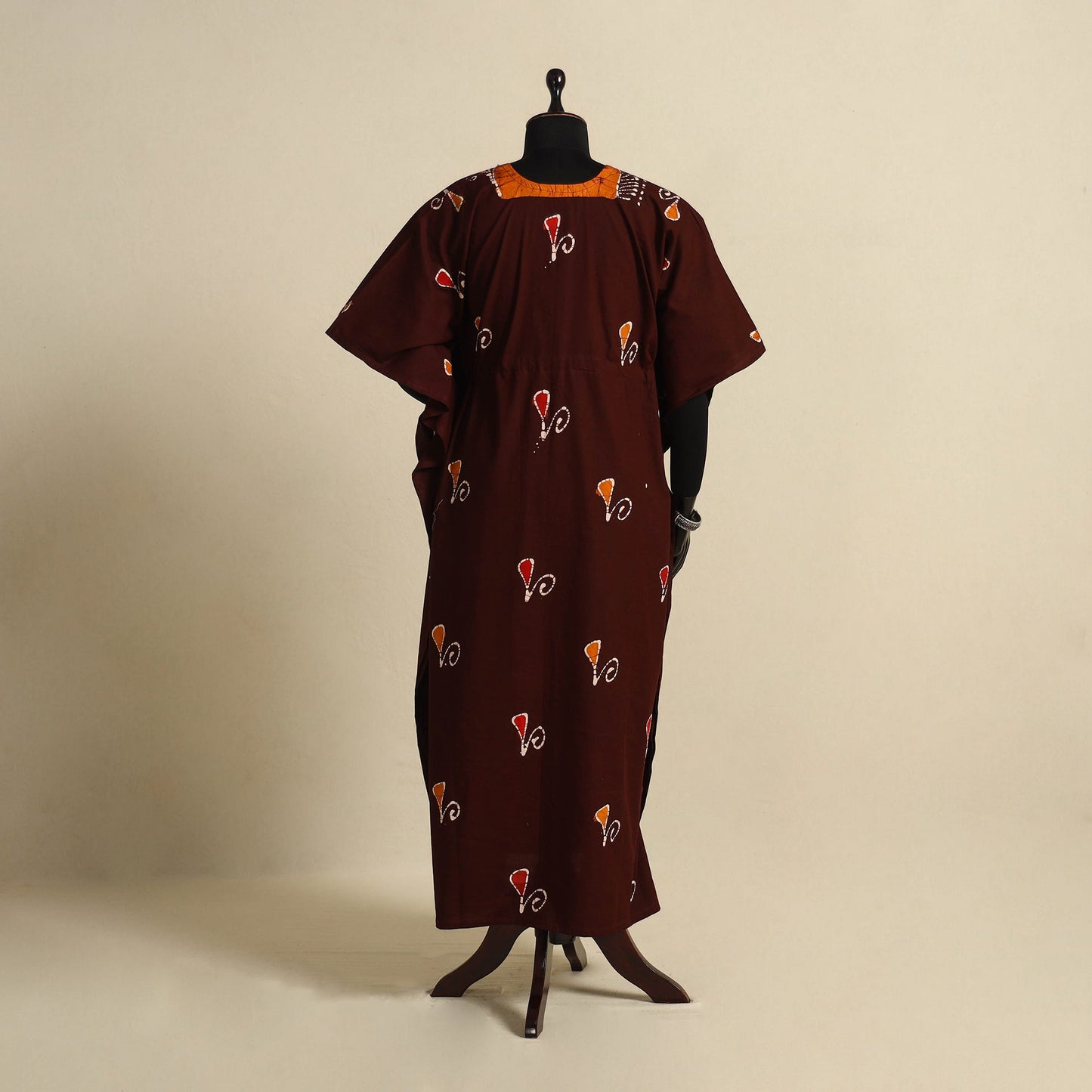 Maroon - cotton hand batik kaftan with tie-up waist (long)