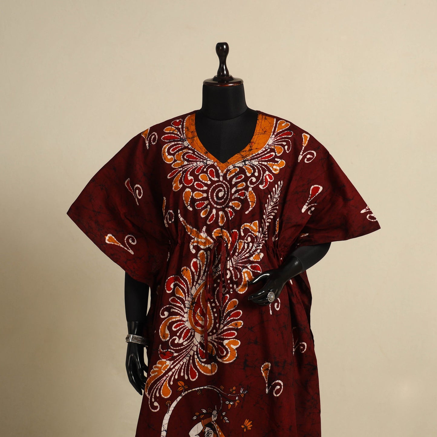 Maroon - cotton hand batik kaftan with tie-up waist (long)