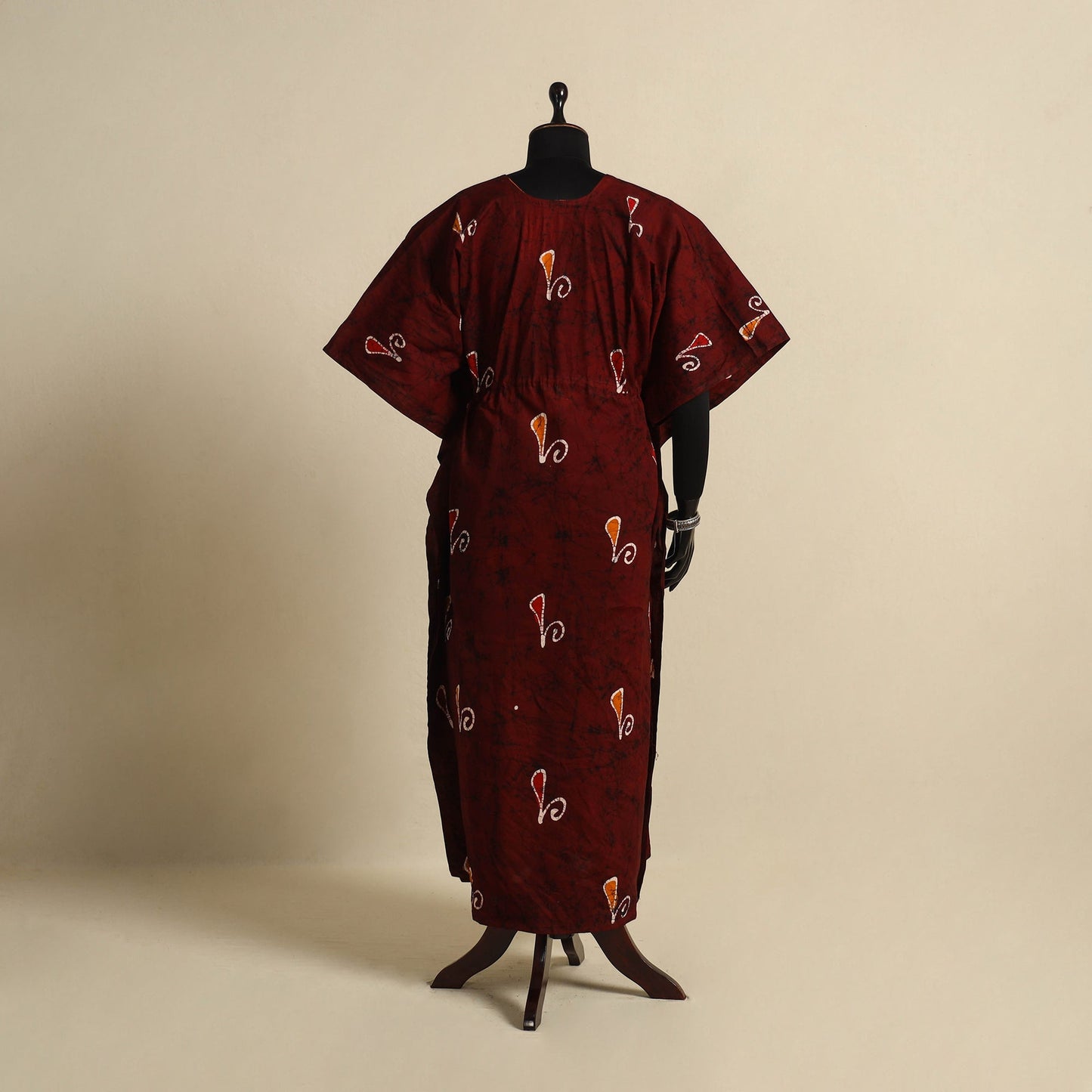 Maroon - cotton hand batik kaftan with tie-up waist (long)