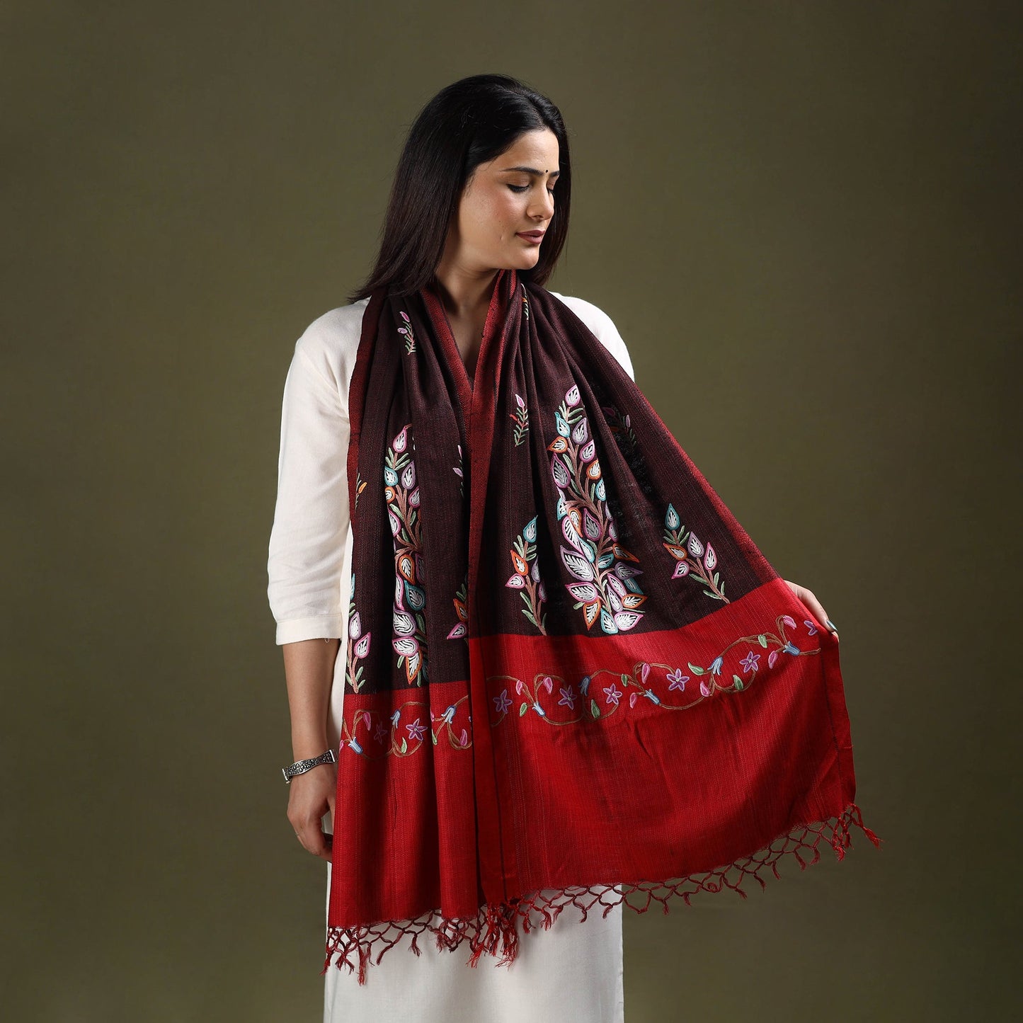 Maroon Cotton Kashida Embroidery Stole