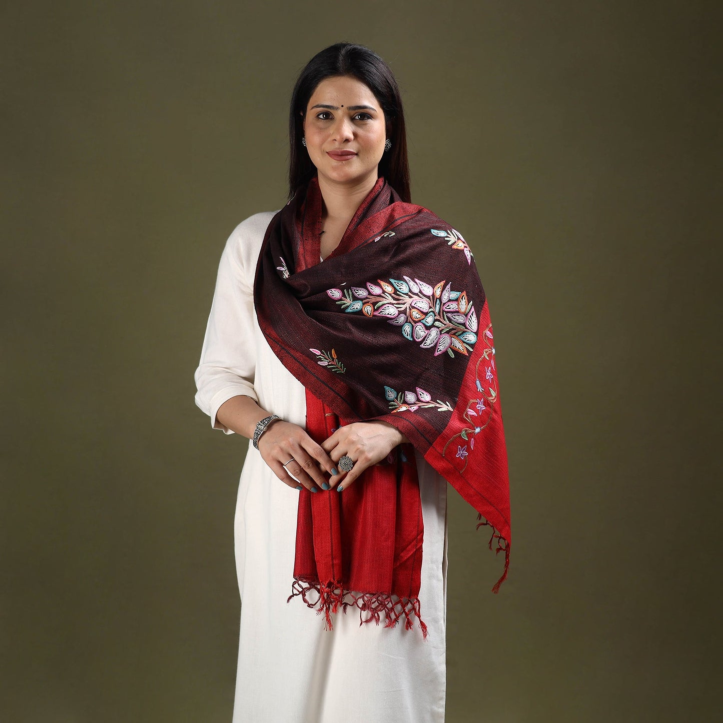 Maroon Cotton Kashida Embroidery Stole