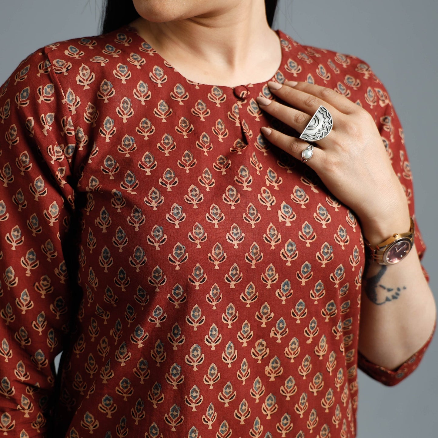Ajrakh Block Printed Cotton Long Kurta for Women