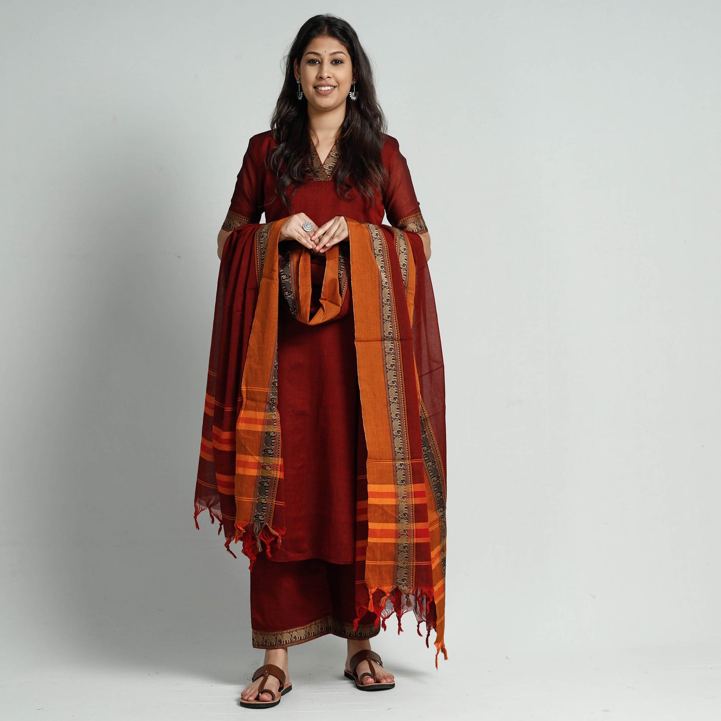 Maroon dharwad cotton kurta with palazzo & dupatta set