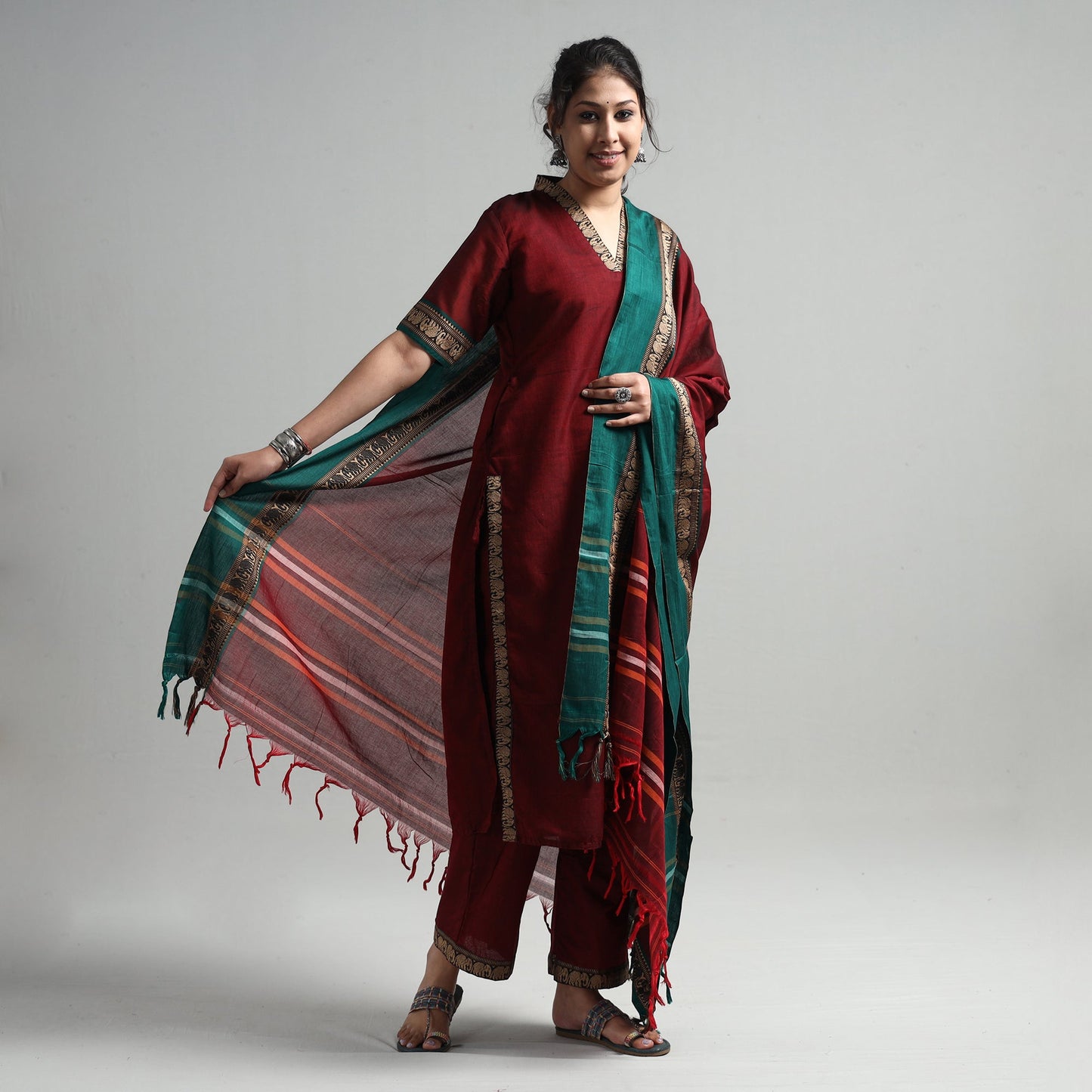 Maroon - dharwad cotton kurta with palazzo & dupatta set
