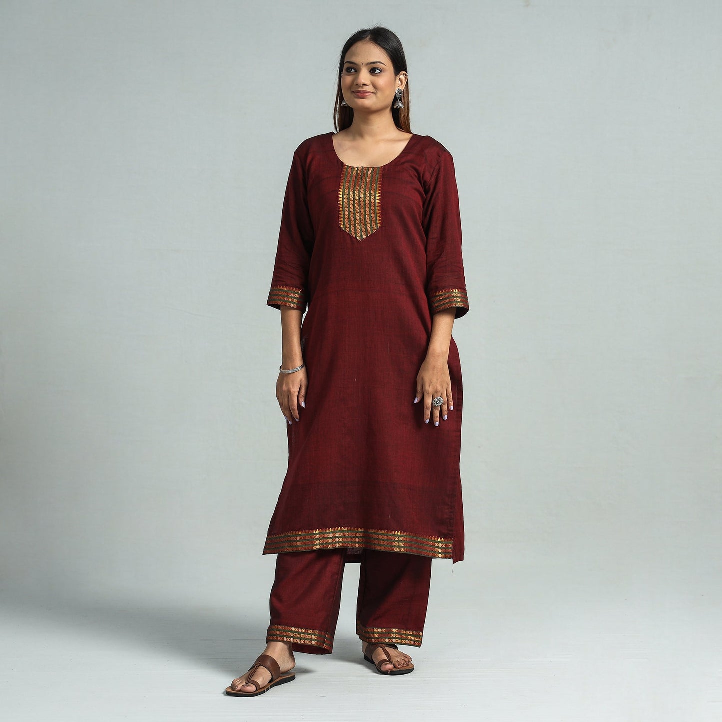 Maroon - dharwad cotton kurta with palazzo & dupatta set