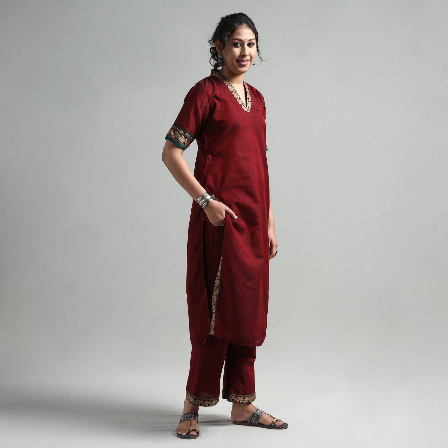 Maroon - dharwad cotton kurta with palazzo & dupatta set
