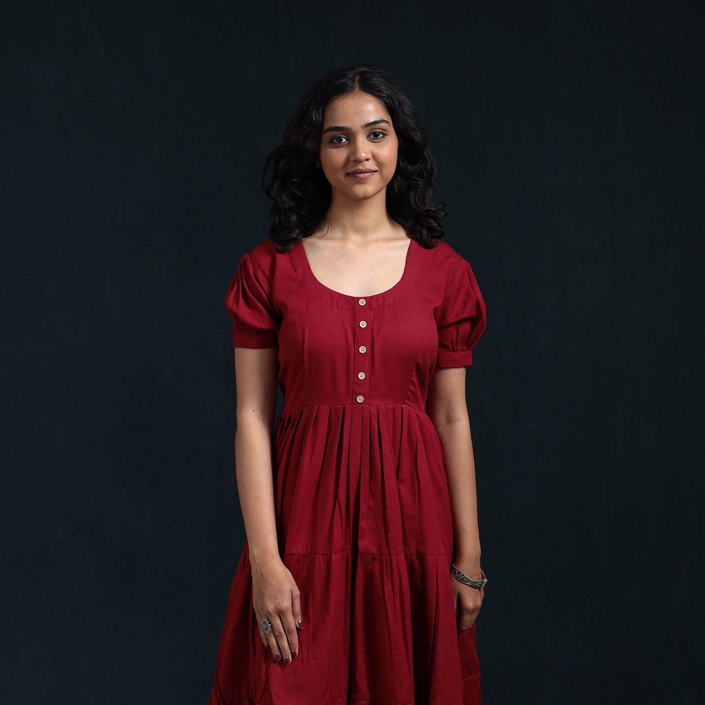 Maroon - flex cotton tiered plain dress 12 - handcrafted