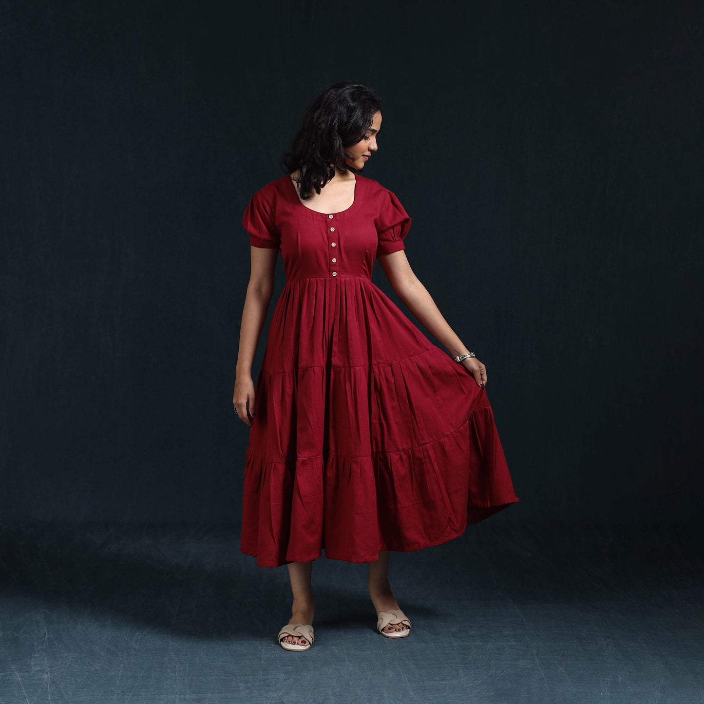 Maroon - flex cotton tiered plain dress 12 - handcrafted