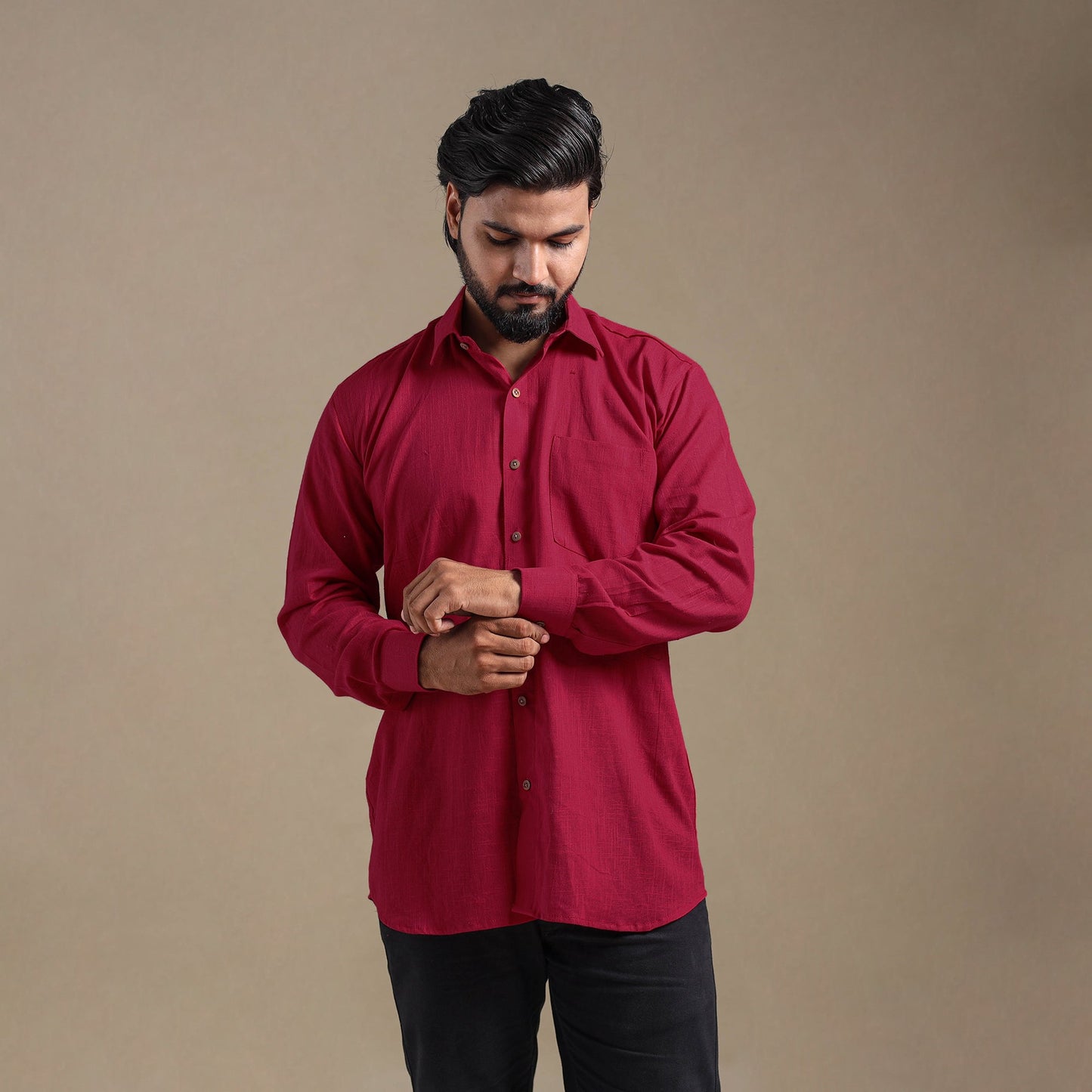 Maroon Full Sleeve Slub Cotton Men Plain Shirt