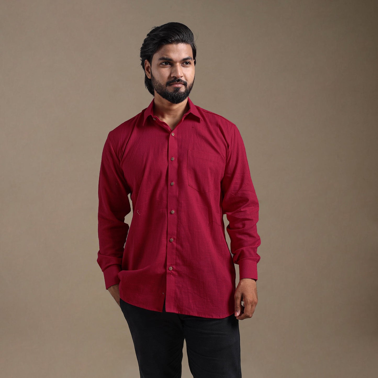 Maroon Full Sleeve Slub Cotton Men Plain Shirt