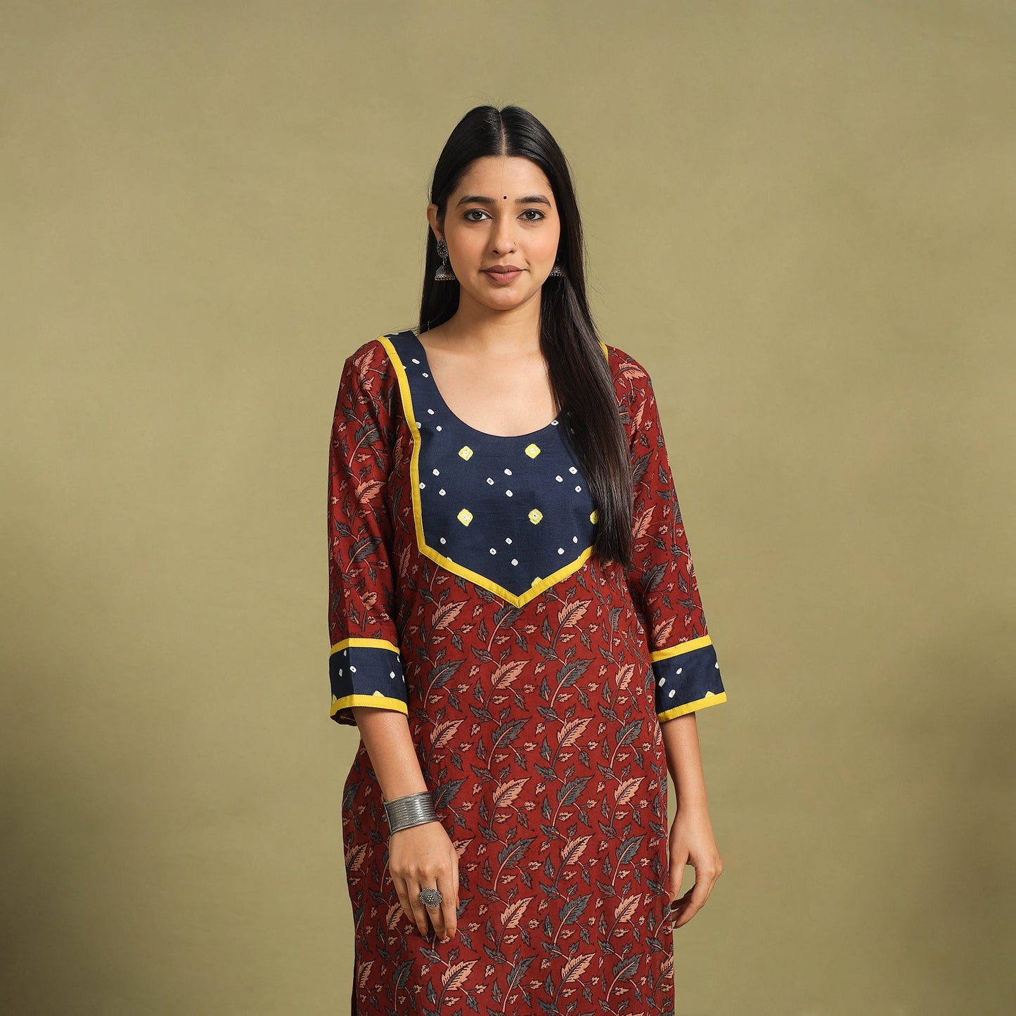 Fusion Mul Cotton Straight Maroon Ajrakh Kurta for Women