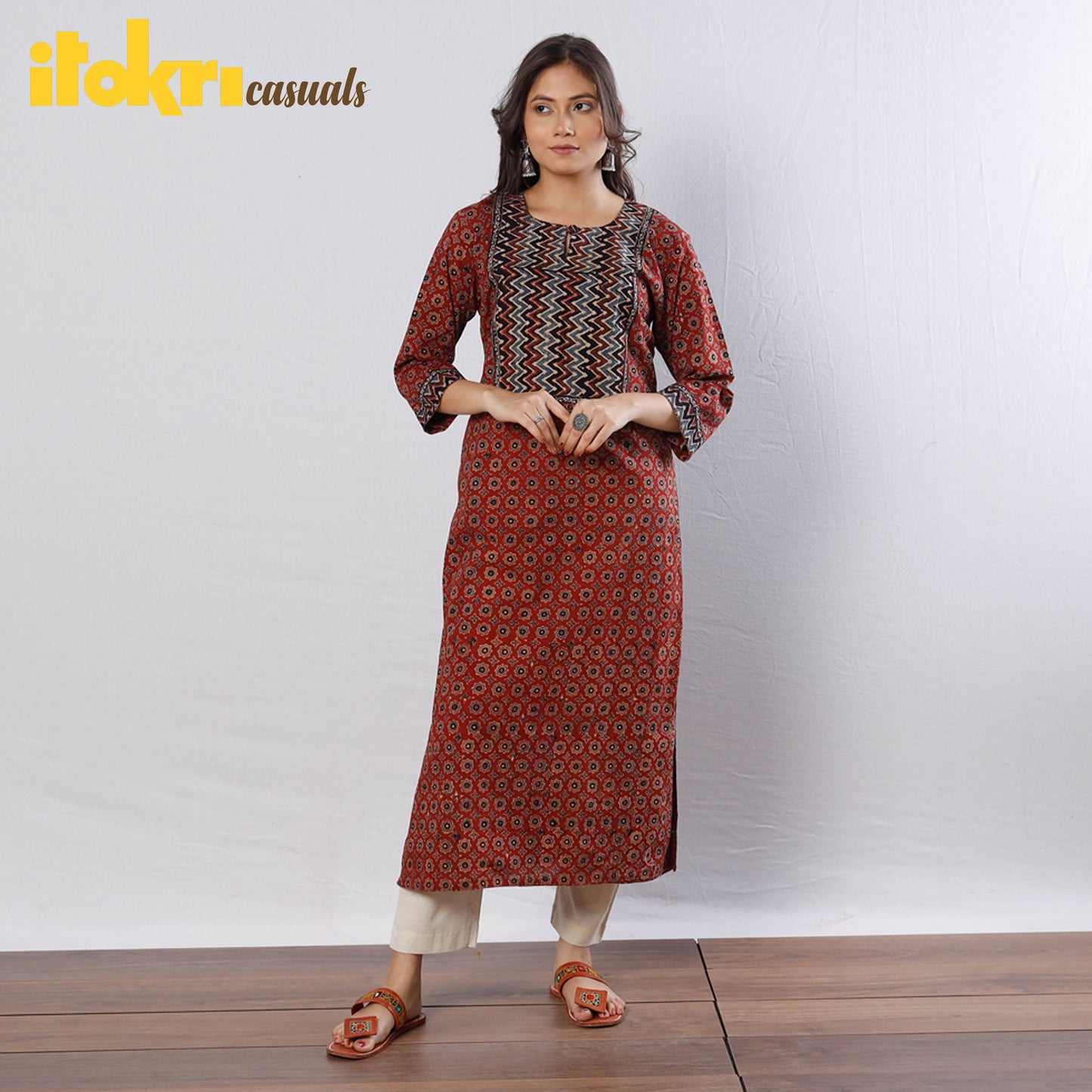 Buy Maroon Indigo Geometric Flowers Ajrakh Block Printed Cotton Long Kurta Online l iTokri.com