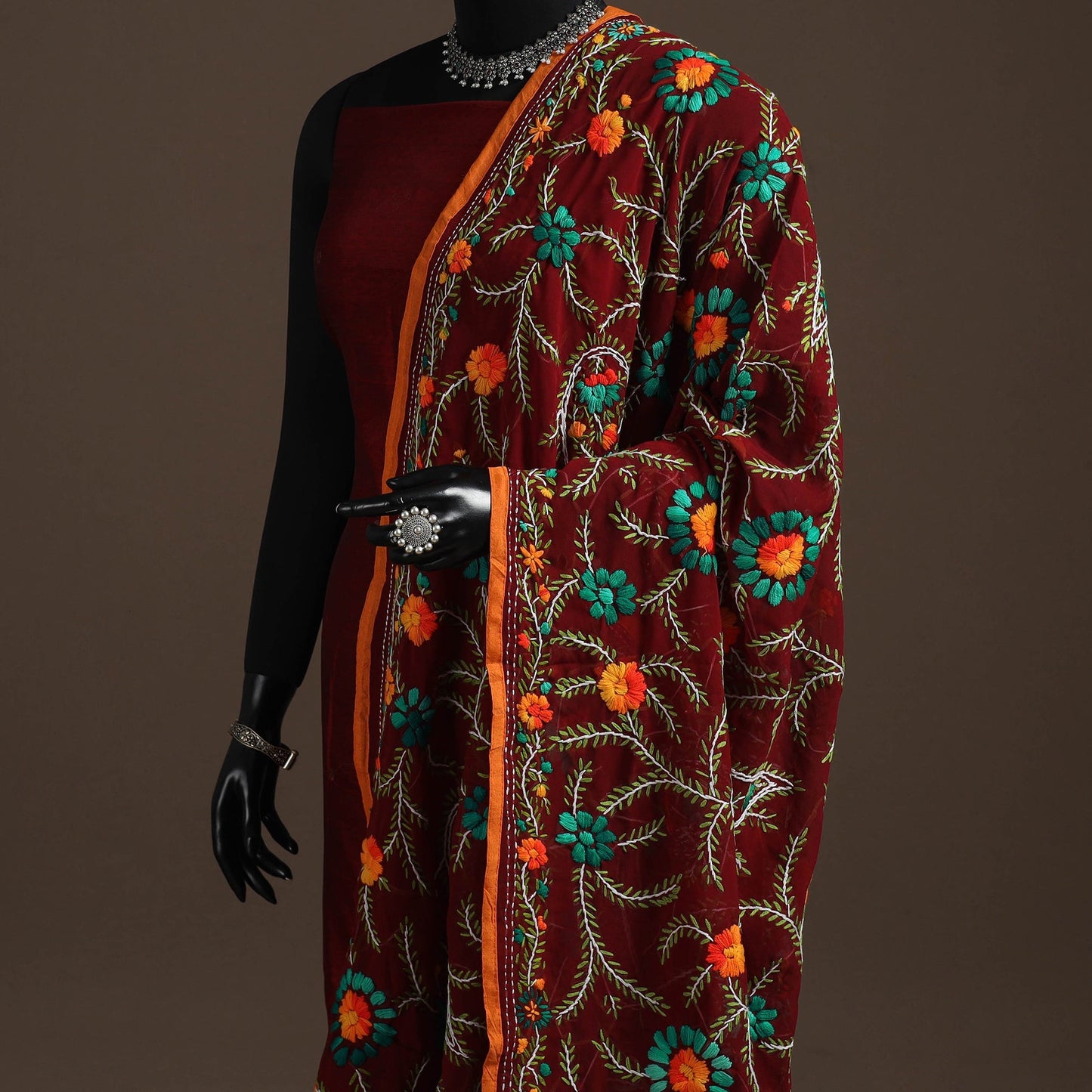 Georgette hand embroidered phulkari dupatta 18 - handcrafted