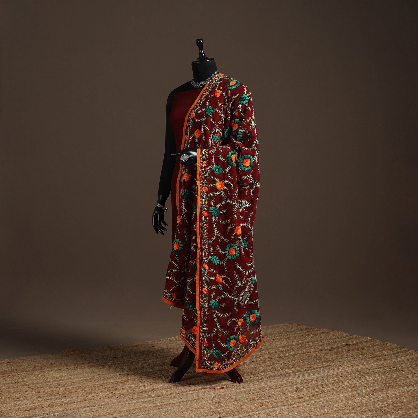 Georgette hand embroidered phulkari dupatta 18 - handcrafted