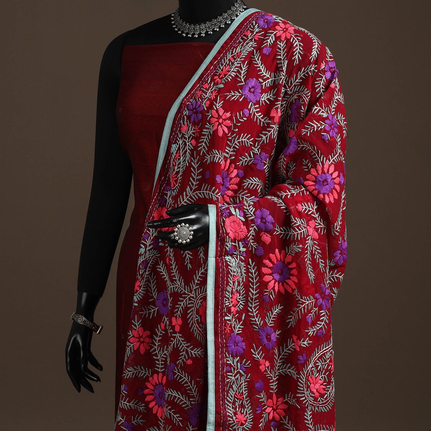 Georgette hand embroidered phulkari dupatta 30 - handcrafted