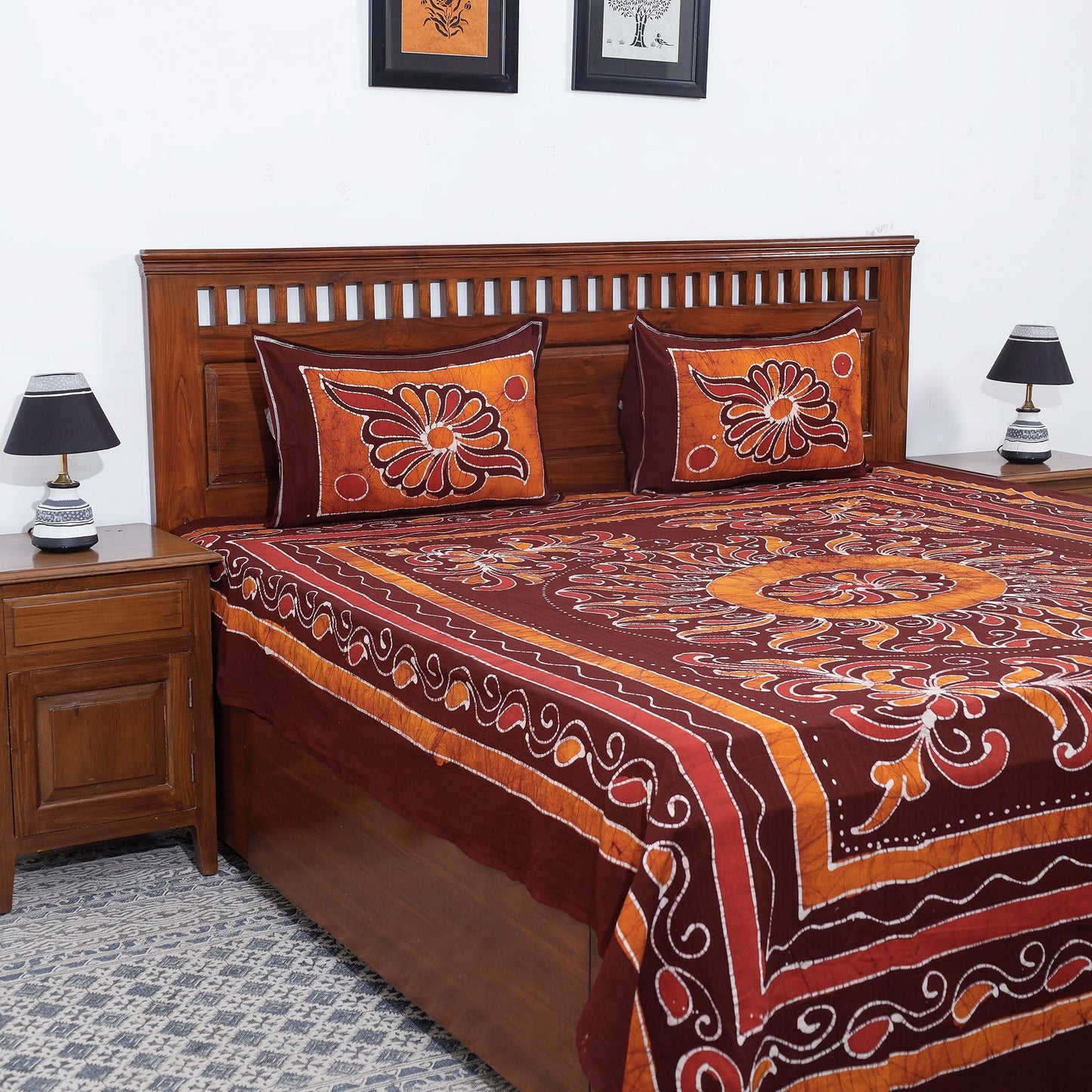 Hand Batik Printed Cotton Double Bed Cover with Pillow Covers