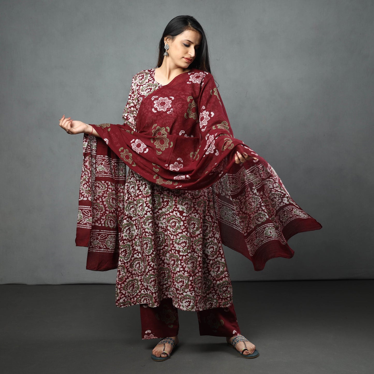 Maroon - hand batik printed cotton kurta with palazzo &