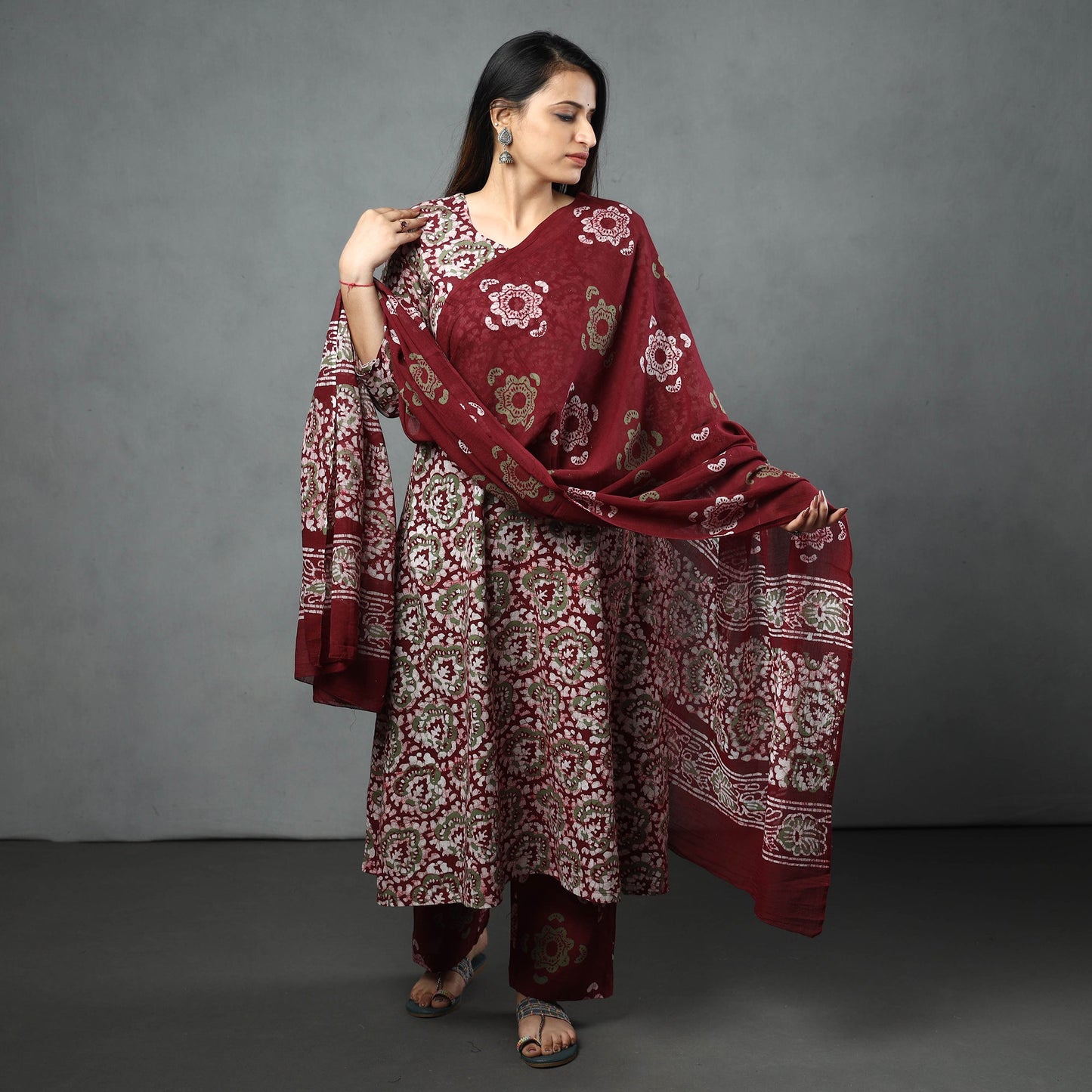 Maroon - hand batik printed cotton kurta with palazzo &