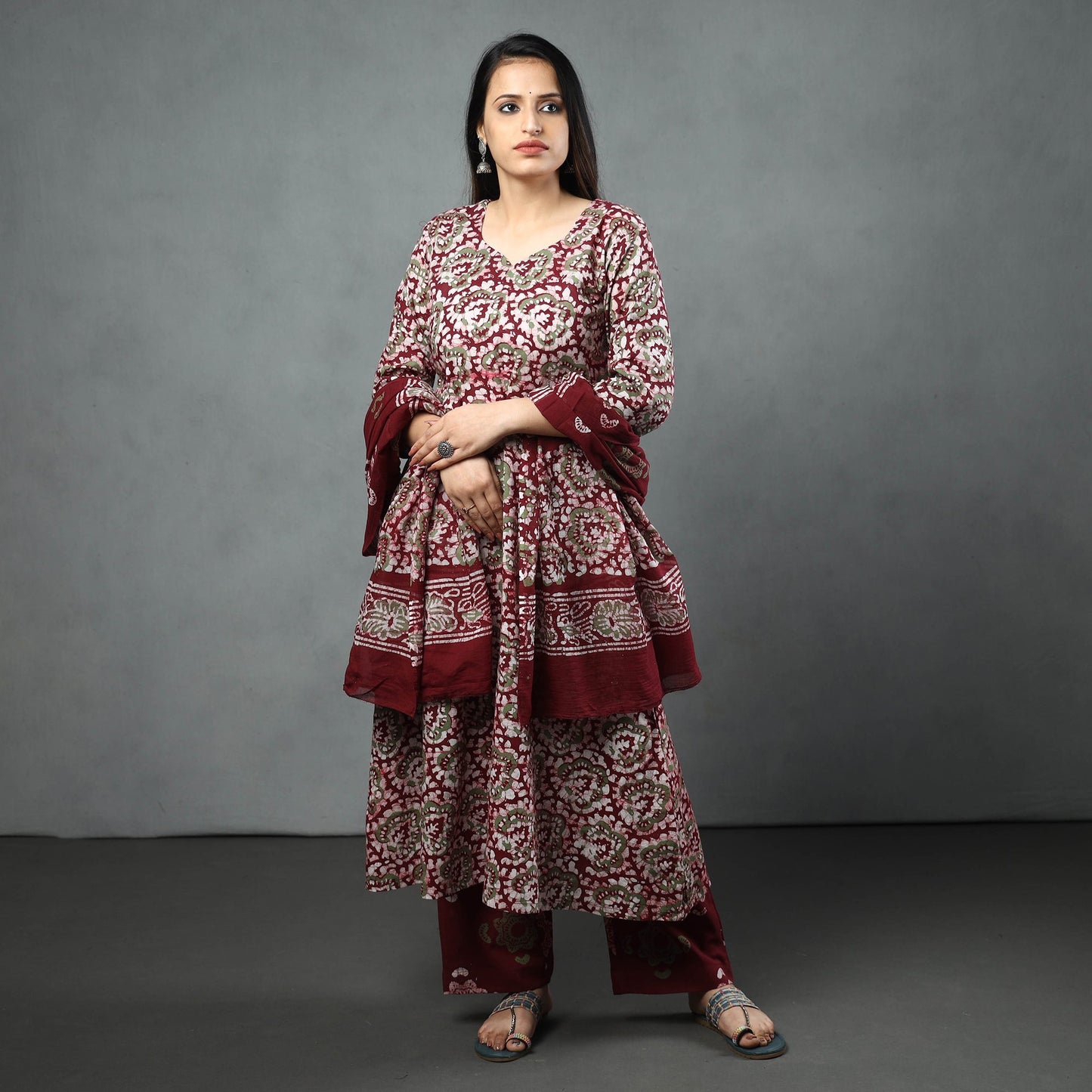 Maroon - hand batik printed cotton kurta with palazzo &
