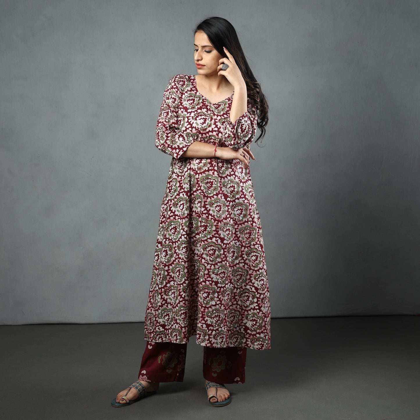 Maroon - hand batik printed cotton kurta with palazzo &
