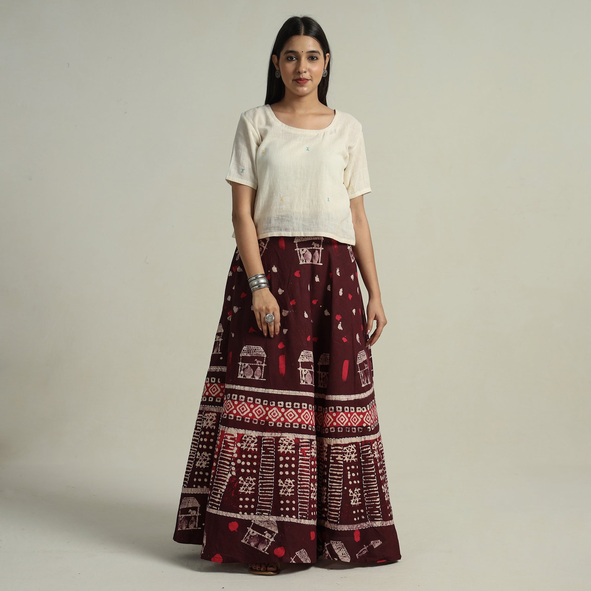 Red - Hand Batik Printed Running Stitch Cotton Long Skirt 19