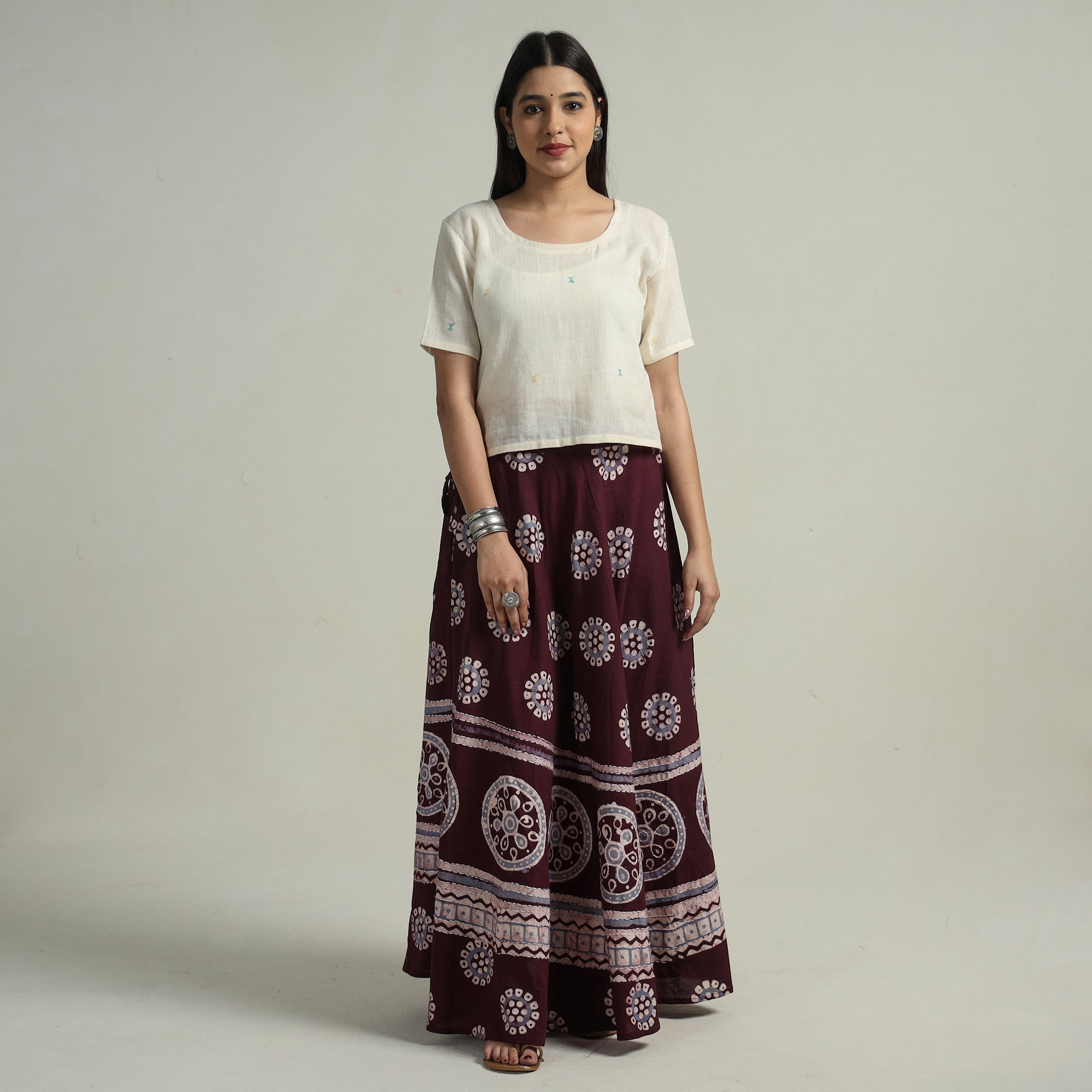 Red - Hand Batik Printed Running Stitch Cotton Long Skirt 30