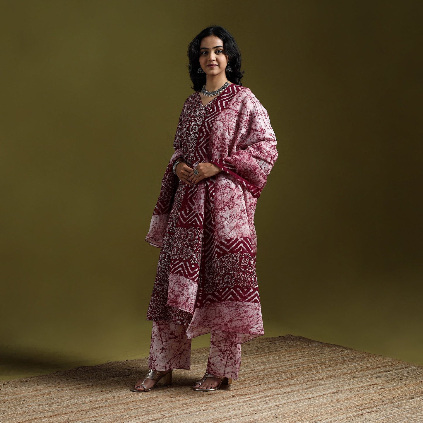 Hand block batik print cotton suit set with dupatta