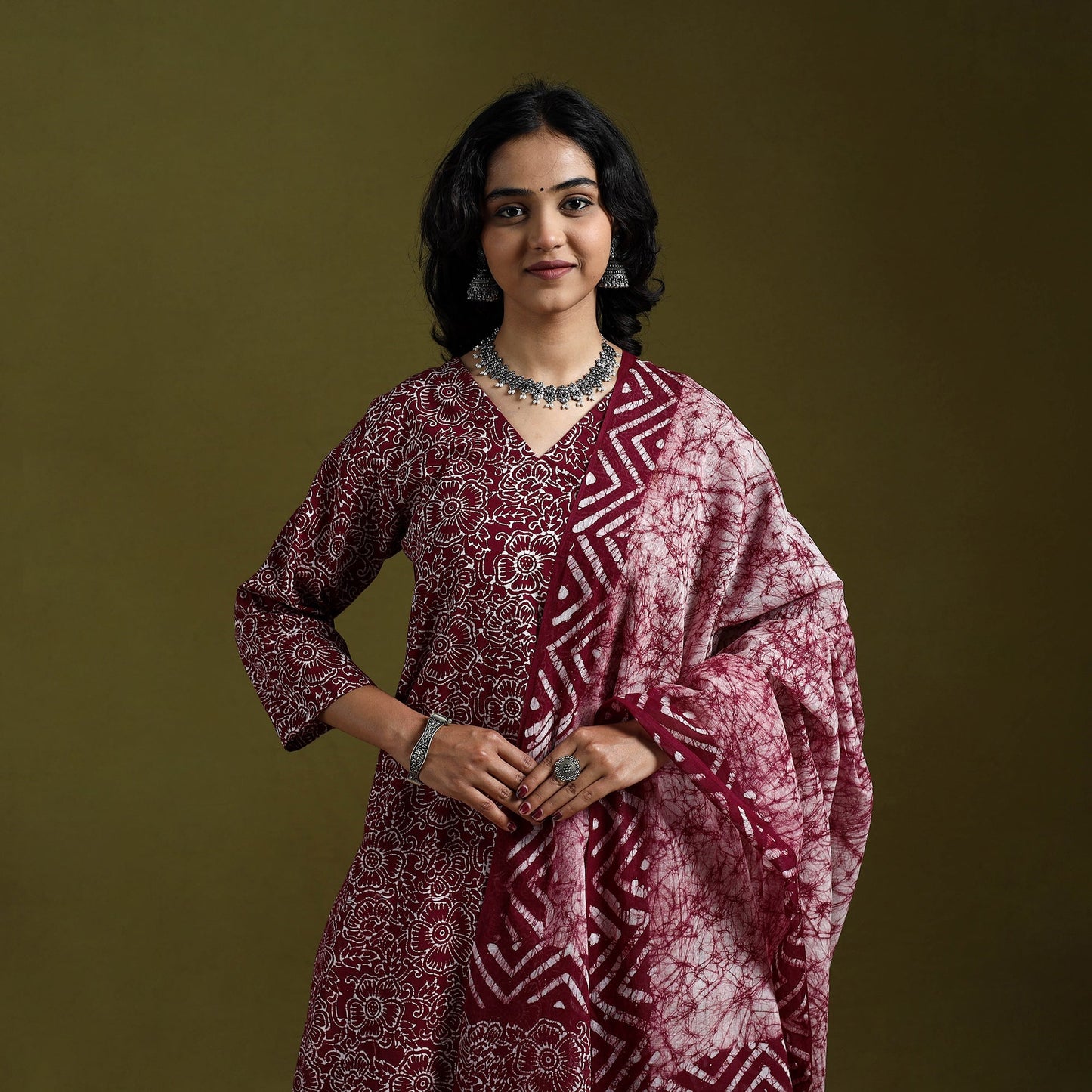 Hand block batik print cotton suit set with dupatta