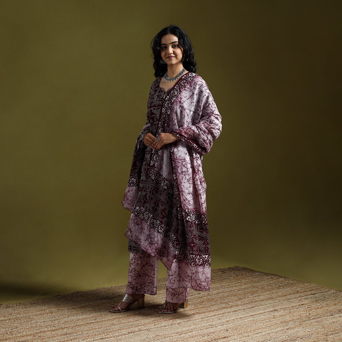 Hand block batik print cotton suit set with dupatta
