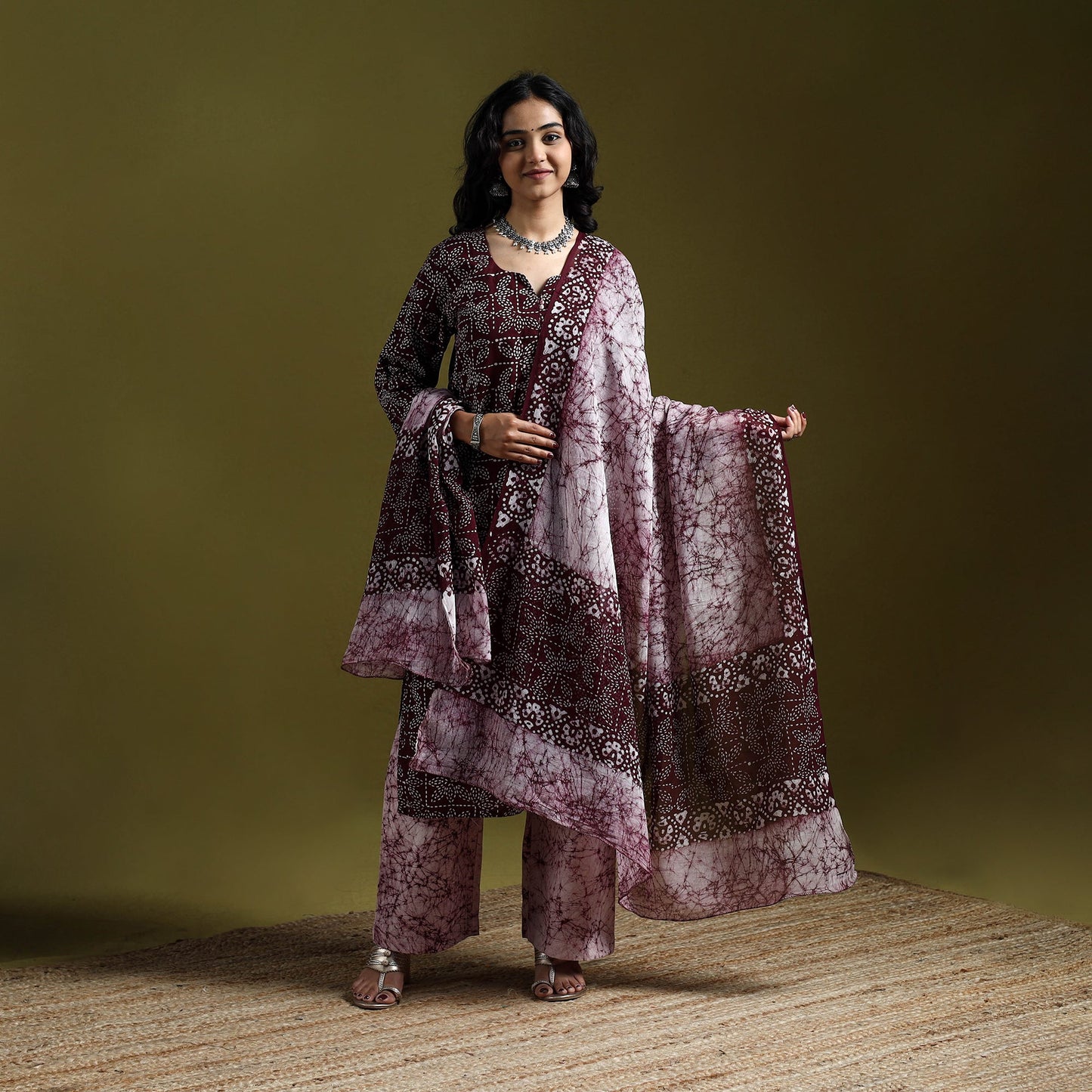Hand block batik print cotton suit set with dupatta